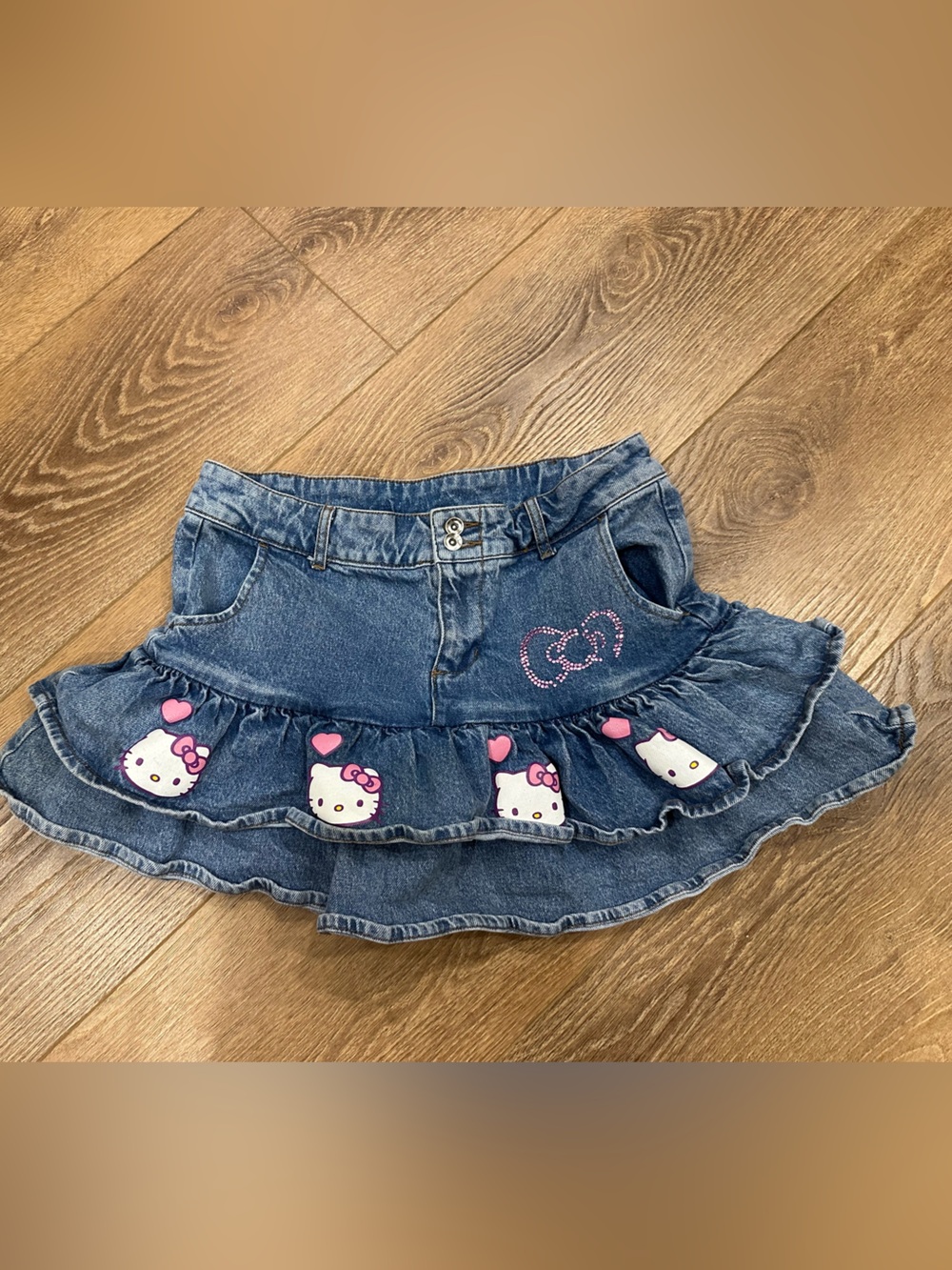 Hello Kitty Denim Ruffle Tiered Mini Skirt with Pink Accents L